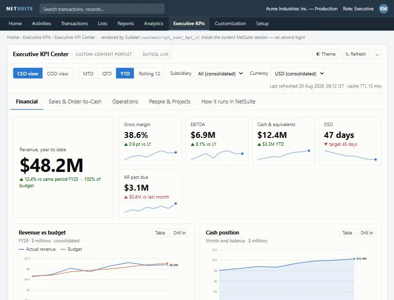 NetSuite and Power BI Integration: Executive KPI Center screen